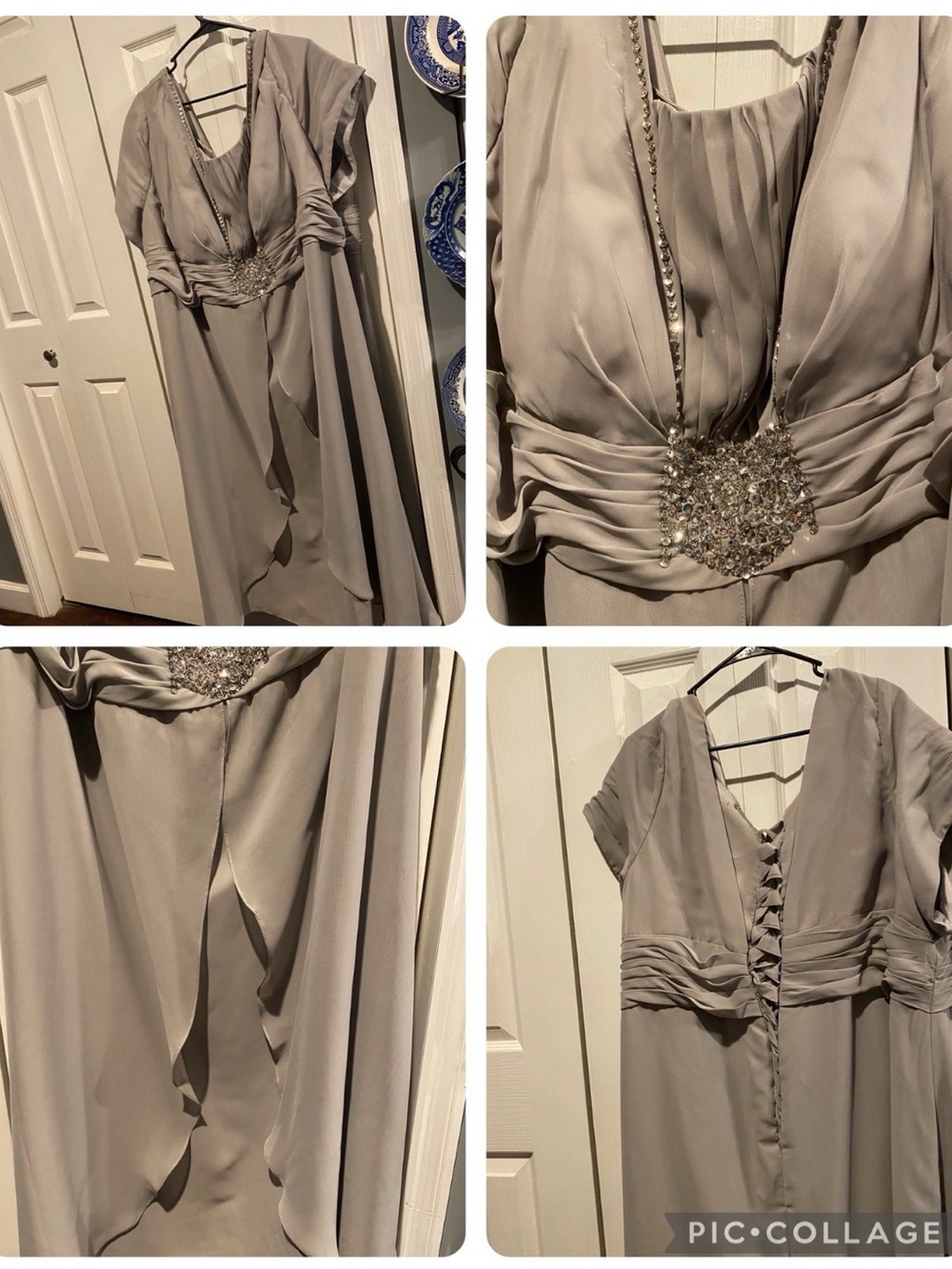 Elegant Beaded Silver/Grey Evening Dress with Cape Sleeve
